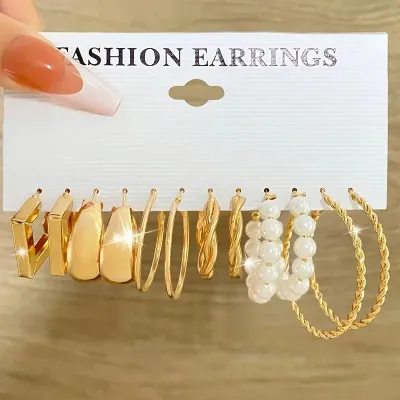 Vintage Golden Color Circle Shaped Hoop Earrings (6 pairs)